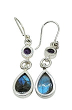 Load image into Gallery viewer, Labradorite &amp; Amethyst Earrings, Sterling Silver, Round/Pear Design, Mystical Magical Gemstone, Companion through Change - GemzAustralia 