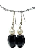 Load image into Gallery viewer, Black Onyx &amp; Pearl Earrings, Sterling Silver, Strength Stone, Provides Support, Grounding Stone, Wisdom Stone - GemzAustralia 