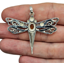 Load image into Gallery viewer, Dragonfly Pendant, Carnelian Gemstone, Sterling Silver, Meaning of Life Symbolism, Transformation, Artist's Stone, Two Tone