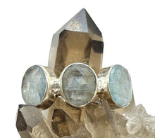 Load image into Gallery viewer, Three Stone Aquamarine Ring, Size 7, Sterling Silver, March Birthstone, Pale Blue Crystal, 6 Carats