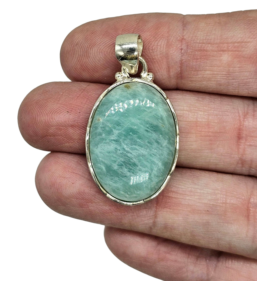 Peruvian Amazonite Pendant, Sterling Silver, Natural glowing seafoam blue green colour, amazing natural Gemstone