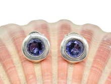 Load image into Gallery viewer, Iolite Studs, Water Sapphire, Round Faceted, Sterling Silver, Blue Violet Gemstone, Connects to Angels, Viking&#39;s Compass - GemzAustralia 