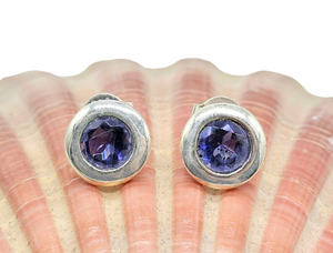 Iolite Studs, Water Sapphire, Round Faceted, Sterling Silver, Blue Violet Gemstone, Connects to Angels, Viking's Compass - GemzAustralia 