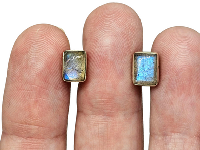 Labradorite Studs, Rectangle Shaped, Sterling Silver, Blue Labradorite, Mystical Magical Stone, Companion through Change - GemzAustralia 