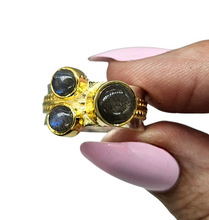 Load image into Gallery viewer, Three Stone Labradorite Ring, Size P 1/2, Blue Labradorite, Magic Stone, Protection Stone, Two Tone Ring, Wide Band - GemzAustralia 