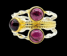 Load image into Gallery viewer, Garnet Three Stone Ring, Size 9 1/4, Sterling Silver &amp; Gold Plated, 2 tone, January Birthstone, Energy Stone