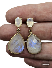 Load image into Gallery viewer, Rainbow Moonstone Dangly Earrings, Gold Plated Sterling Silver, June Birthstone, Protection Stone, Love Rock