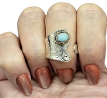 Load image into Gallery viewer, Floral engraved Larimar Ring, Adjustable, Sterling Silver, Stone of Atlantis, Dolphin Stone, Water &amp; Fire Stone