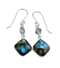 Load image into Gallery viewer, Labradorite &amp; Blue Topz Earrings, Sterling Silver, Mystical Magical Gemstone, Double Drops - GemzAustralia 