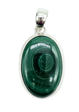 Load image into Gallery viewer, Large Oval Malachite Pendant, Sterling Silver, Beautiful Rich Green Gemstone, Bezel Setting, Visionary Gem - GemzAustralia 
