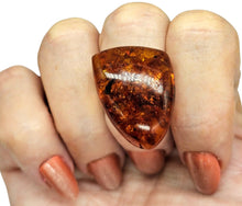 Load image into Gallery viewer, Triangle Baltic Amber Ring, Adjustable Size, Solid 925 Sterling Silver, Fossilized Tree Resin, Cognac Colour