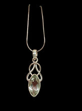 Load image into Gallery viewer, Celtic Inspired Green Amethyst Prasiolite Pendant, 3 carats, Marquise Faceted, Sterling Silver, Alternative August Birthstone