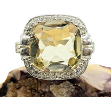 Load image into Gallery viewer, Halo Lemon Quartz &amp; Zircon Ring, Size 11, Cushion Square Facet, 8.5 carats, Sterling Silver, Mental Clarity, Confidence Gem