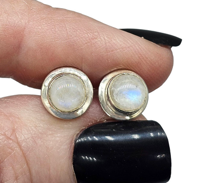 Round Rainbow Moonstone Studs, June Birthstone, Sterling Silver, Goddess Stone, Protection Stone, Love Rock, Psychic Gem - GemzAustralia 