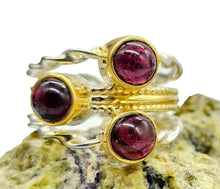 Load image into Gallery viewer, Garnet Three Stone Ring, Size 9 1/4, Sterling Silver &amp; Gold Plated, 2 tone, January Birthstone, Energy Stone