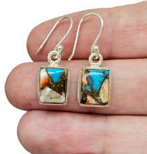 Load image into Gallery viewer, Rectangle Oyster Turquoise Earrings, Sterling Silver, Orange Spiny Oyster Shell, Blue Turquoise, Copper Earrings - GemzAustralia 