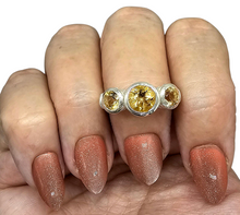 Load image into Gallery viewer, Citrine Trilogy Ring, Size 7, Sterling Silver, Three Stone Ring, November Birthstone, Artisanal Design - GemzAustralia 