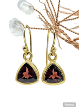 Load image into Gallery viewer, Garnet Trillion Earrings, Gold Plated Sterling Silver, January Birthstone, 7 carats, 2nd Anniversary