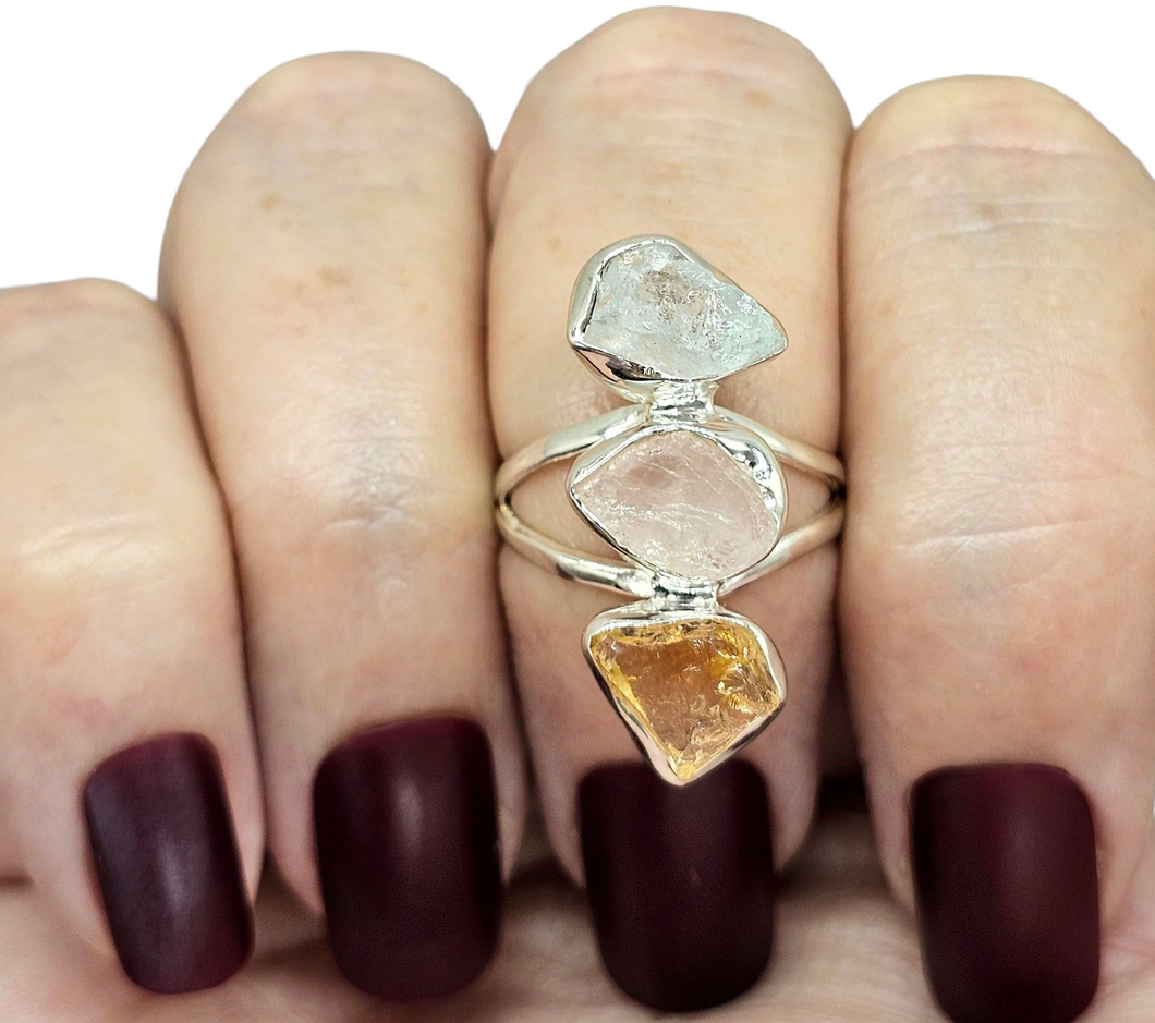 Raw Aquamarine, Rose Quartz & Citrine Ring, Size 7, Sterling Silver, March and November Birthstones, Rough Gemstones, Three Stone Ring