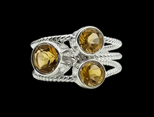 Load image into Gallery viewer, Three Stone Citrine Ring, Size P 1/2, Sterling Silver, Round Faceted, November Birthstone, Abundance Gem - GemzAustralia 