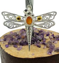 Load image into Gallery viewer, Dragonfly Pendant, Carnelian Gemstone, Sterling Silver, Meaning of Life Symbolism, Transformation, Artist's Stone, Two Tone