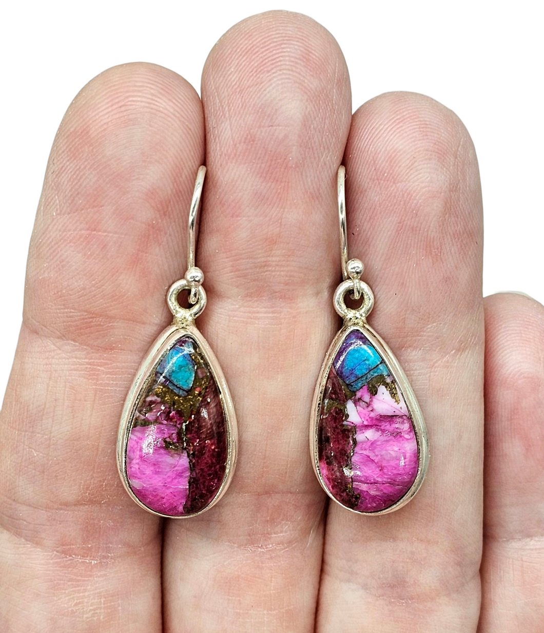 Oyster Turquoise & Pink Opal Earrings, Sterling Silver, Pear Shaped, Hot Pink Gemstone, Spiny Oyster Shell, Courage Stone - GemzAustralia 