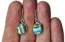 Load image into Gallery viewer, Paua Shell Earrings, Sterling Silver, Abalone Shell, Dangly Oval Drops, Prosperity, Peace, Good Luck &amp; Strength, New Zealand Paua Shell