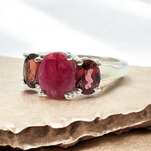Load image into Gallery viewer, Ruby &amp; Garnet Three Stone Ring, Size 9, Sterling Silver, July and January Birthstones, Energy Stone
