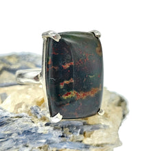 Load image into Gallery viewer, Bloodstone Ring, Size 7, Sterling Silver, Rectangle Shaped, Green Chalcedony with bright red Splatters, Heliotrope Gemstone