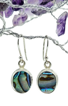 Load image into Gallery viewer, Paua Shell Earrings, Sterling Silver, Abalone Shell, Dangly Oval Drops, Prosperity, Peace, Good Luck &amp; Strength, New Zealand Paua Shell