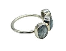 Load image into Gallery viewer, Three Stone Aquamarine Ring, Size 7, Sterling Silver, March Birthstone, Pale Blue Crystal, 6 Carats