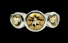 Load image into Gallery viewer, Citrine Trilogy Ring, Size 7, Sterling Silver, Three Stone Ring, November Birthstone, Artisanal Design - GemzAustralia 