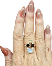 Load image into Gallery viewer, Rainbow Moonstone, Garnet &amp; Pearl Ring, Size 7.5, Sterling Silver, Natural Gemstones, Four Stone Ring