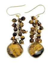 Load image into Gallery viewer, Tiger&#39;s Eye Earrings, Gold Plated Sterling Silver, Checkerboard Faceted, Beaded drops, Genuine Gemstones, Creativity Stone