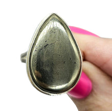 Load image into Gallery viewer, Pyrite in Magnetite Ring, Size 8.5, Sterling Silver, Pear Shaped, Apache Gold Gemstone, Confidence Stone