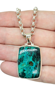 Chrysocolla Pendant, Rectangle Shaped, Sterling Silver, Turquoise Green Blue Gem, Communication Stone, Serenity Stone
