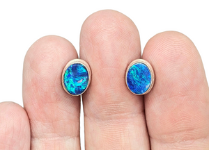 Australian Opal Studs, October Birthstone, Sterling Silver, Blue Green Opal Doublets, Love and Passion Stone, Genuine Gemstones - GemzAustralia 