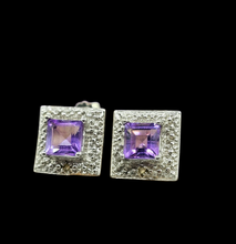 Load image into Gallery viewer, Amethyst Halo Studs, 925 Sterling Silver, Square Shaped, February Birthstone, 2.3 carats, Protection Amulet - GemzAustralia 