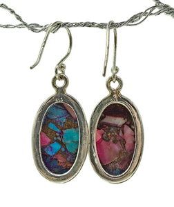 Oval Shaped, Oyster Turquoise & Pink Opal Earrings, Sterling Silver, Hot Pink Gemstone, Spiny Oyster Shell, Courage Stone - GemzAustralia 