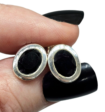 Black Onyx Studs, Oval Faceted, Sterling Silver, Protection Stone, Lucky Gem, Strength Giving Gem, Support Stone, Black Gemstone - GemzAustralia 