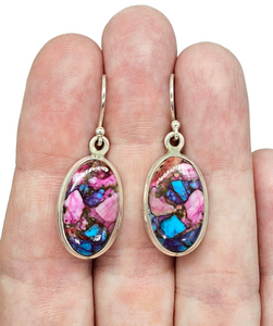 Oval Shaped, Oyster Turquoise & Pink Opal Earrings, Sterling Silver, Hot Pink Gemstone, Spiny Oyster Shell, Courage Stone - GemzAustralia 
