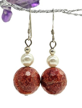 Load image into Gallery viewer, Sponge Coral &amp; Freshwater Pearl Earrings, Sterling Silver, Orange Red Coral, Love and Prosperity