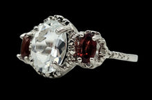 Load image into Gallery viewer, Aquamarine &amp; Garnet Three Stone Ring, Size 6 1/4, Sterling Silver, Vintage Inspired, March and January Birthstones