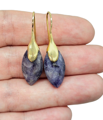 Blue Sapphire Earrings, Gold Plated Sterling Silver, September Birthstone, Marquise Checkerboard Faceted, Wisdom Stone - GemzAustralia 