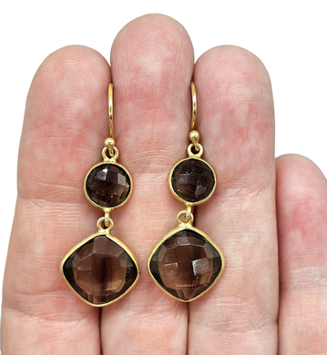Smoky Quartz Earrings, Sterling Silver, 14K gold Plated, Caramel Brown, Double Drop, Grounding Stone, Anchoring Stone - GemzAustralia 