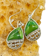 Load image into Gallery viewer, Green Mojave Turquoise Earrings, Pear Shaped, Sterling Silver, Protection Stone, Connects with Great Spirit of the Sky, Power Stone