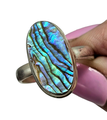 Statement Paua Shell Ring, Size 11, Sterling Silver, Long Oval Shape, Blue Green Abalone Shell, Prosperity Stone