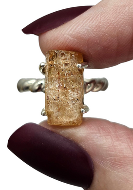 Rough Imperial Topaz Ring, Size 8, Sterling Silver, Raw Gemstone, Twisted Band, Rectangle Design, Manifestation Stone, Solar Plexus Chakra