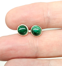 Load image into Gallery viewer, Malachite Studs, Sterling Silver, Round Shaped Earrings, Beautiful Rich Green Gemstone, Visionary Stone, Protection Gem - GemzAustralia 
