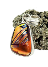 Load image into Gallery viewer, Molten Orange Dichroic Glass Pendant, Sterling Silver, Glass Art, Decorative Glass Pendant, Shifting Colour Patterns
